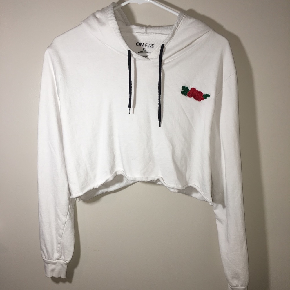 White, Long sleeve, rose embroidered, crop top.